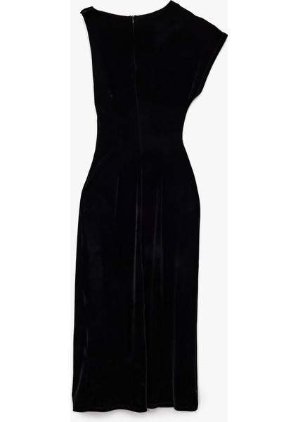 Slim Fit Asimetrik Yaka Düğüm Detaylı Kruvaze Kadife Elbise fiyatları