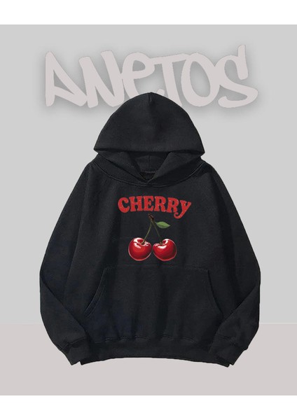 Cherry Tasarım Siyah Ön Baskılı Sweatshirt