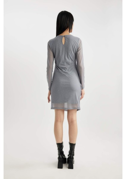 Bodycon Vücudu Saran Basic Düz Bisiklet Yaka Tül Uzun Kollu Mini Elbise