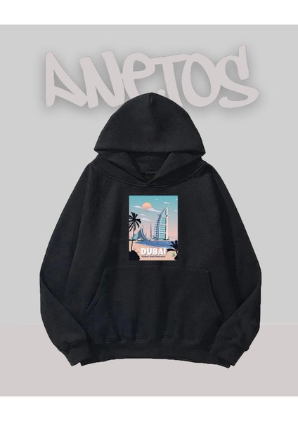 Dubaı Tasarım Siyah Ön Baskılı Sweatshirt