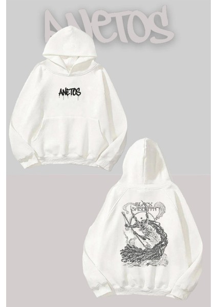 Black Sabbath 17 Sırt Baskılı Beyaz Kapüşonlu Sweatshirt