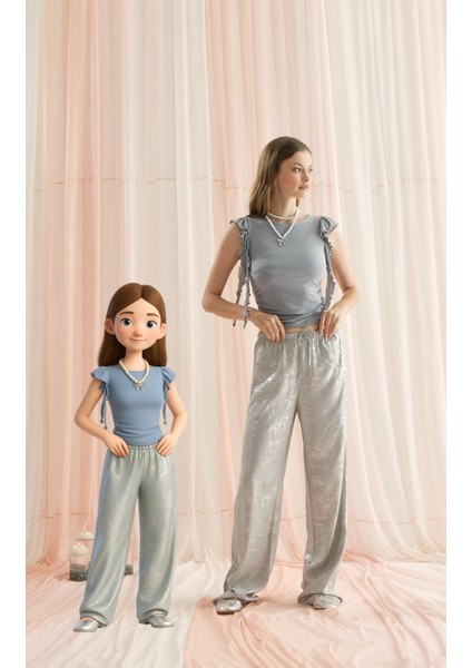 Kadın Grey Renk Kolları Fırfırlı Sıfır Kol T-Shirt