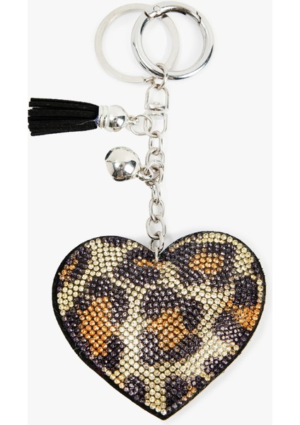 Püsküllü Taşlı Leopar Desenli Kalpli Anahtarlık