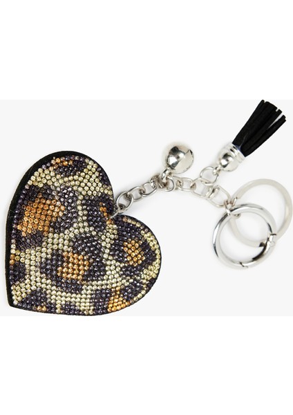 Püsküllü Taşlı Leopar Desenli Kalpli Anahtarlık fiyatları