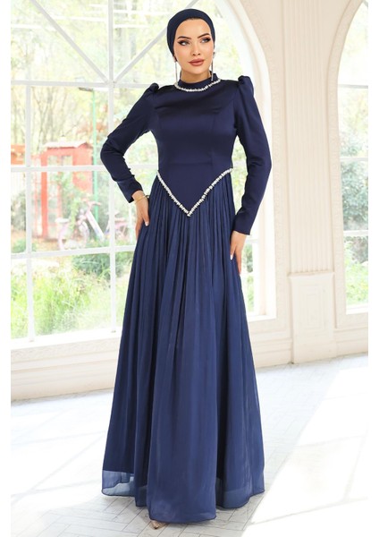 Taş Detaylı Eteği Piliseli Saten ve Yoryo Ipek Tesettür Abiye Elbise Lacivert 1046