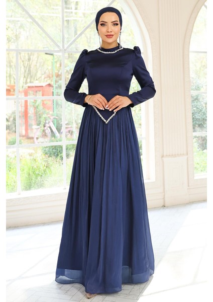 Taş Detaylı Eteği Piliseli Saten ve Yoryo Ipek Tesettür Abiye Elbise Lacivert 1046 modelleri
