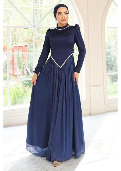 Taş Detaylı Eteği Piliseli Saten ve Yoryo Ipek Tesettür Abiye Elbise Lacivert 1046 indirimleri