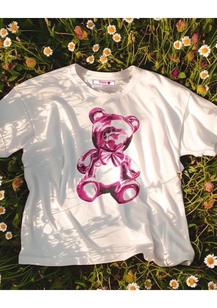 Kadın Ekru Ayıcık Baskılı Oversize T-Shirt