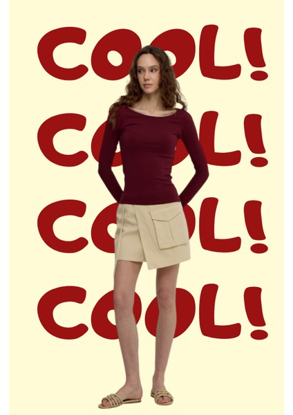 Kadın Bordo Geniş Yakalı Uzun Kollu T-Shirt