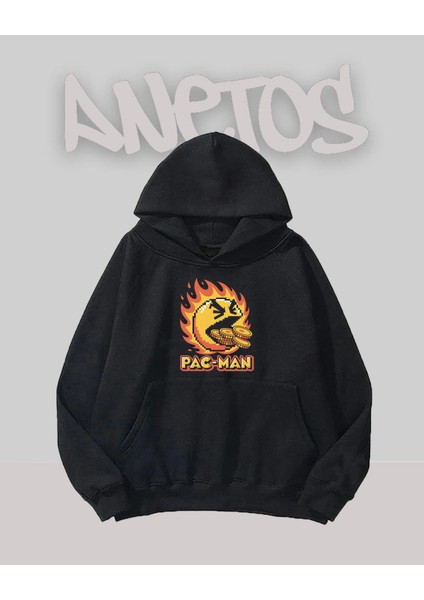 Pac Man Tasarım Siyah Ön Baskılı Sweatshirt