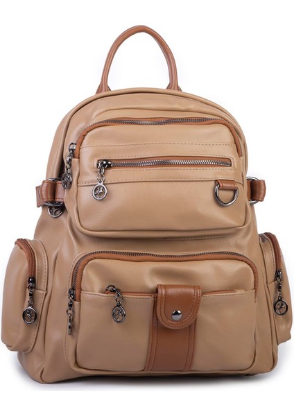 Kadın Çok Gözlü Büyük Boy Sırt Çantası Kum Taba