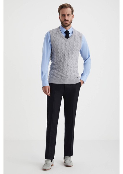 Örgü Desen Açık Gri Lambswool Yün Triko Süveter fiyatları