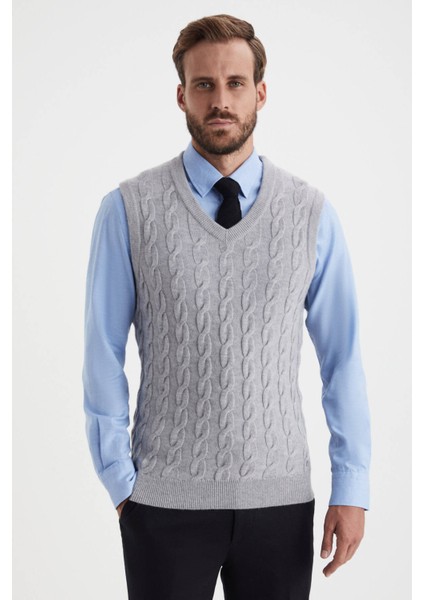 Örgü Desen Açık Gri Lambswool Yün Triko Süveter modelleri