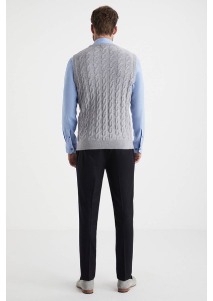 Örgü Desen Açık Gri Lambswool Yün Triko Süveter indirimleri