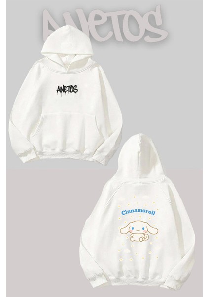Cinnamorol Sırt Baskılı Beyaz Kapüşonlu Sweatshirt