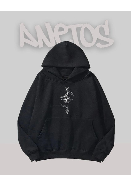 Pusula Tasarım Siyah Ön Baskılı Sweatshirt