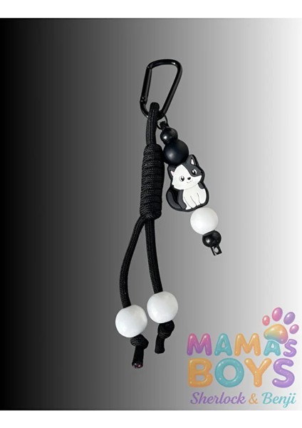 Siyah Beyaz Kedi Charmlı Paracord Çanta Aksesuarı - Charm - Anahtarlık