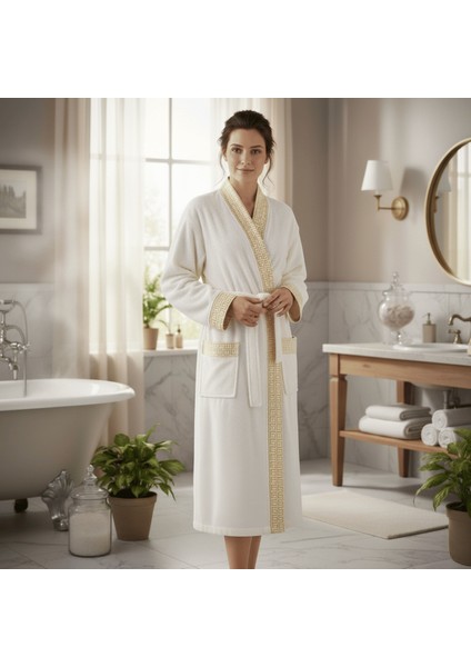 Pamuk Bornoz | Greek Desen-Krem-Cepli-Erkek-Kadın