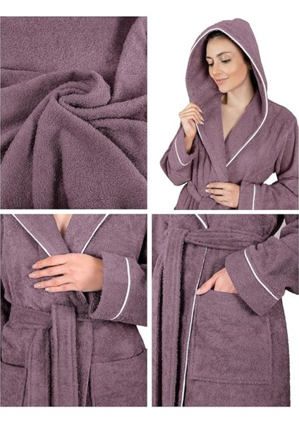 Bornoz Pamuk-Kapüşonlu-Biyeli-Cepli-Mürdüm