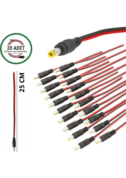 20 Adet Dc Power Jack Kablosu 25 cm Düz Erkek Çoklu Set Kamera Modem LED Adaptör Güç Bağlantı Kablosu