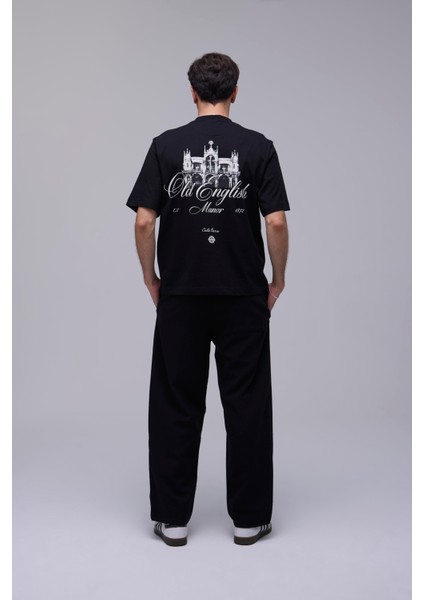 Siyah Oversize Eski Ingiliz Köşkü Baskılı Tişört