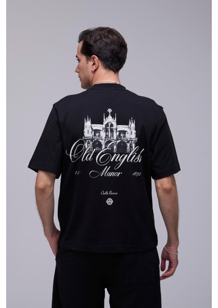 Siyah Oversize Eski Ingiliz Köşkü Baskılı Tişört fırsatları