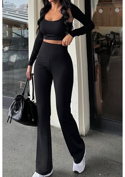 Kadın Siyah Ispanyol Paça Yüksek Bel Likralı Toparlayıcı Tayt Pantolon modelleri