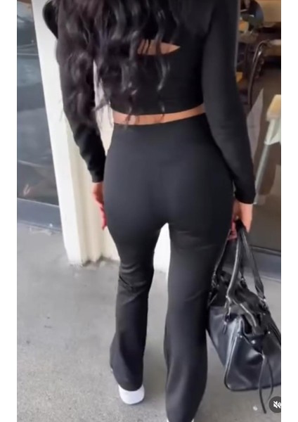 Kadın Siyah Ispanyol Paça Yüksek Bel Likralı Toparlayıcı Tayt Pantolon indirimleri