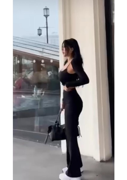 Kadın Siyah Ispanyol Paça Yüksek Bel Likralı Toparlayıcı Tayt Pantolon