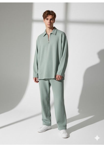 Unısex Bürümcük Kumaş Polo Yaka Fermuarlı Cepli Beli Lastikli Alt-Üst Takım