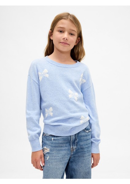 Kız Çocuk Açık Mavi Cashsoft Intarsia Crew Kazak