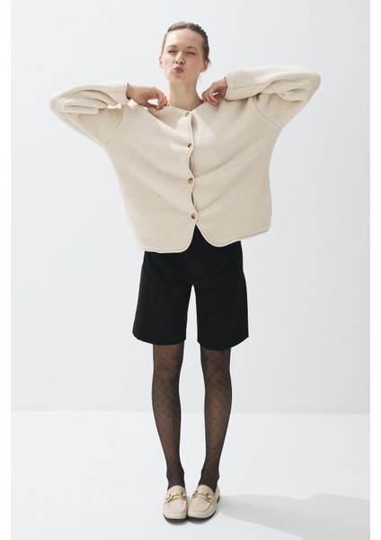 Kadın Taş Renk Iliklenebilir Cepli Peluş Ceket