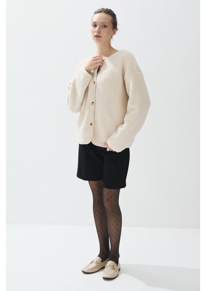 Kadın Taş Renk Iliklenebilir Cepli Peluş Ceket