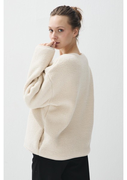 Kadın Taş Renk Iliklenebilir Cepli Peluş Ceket