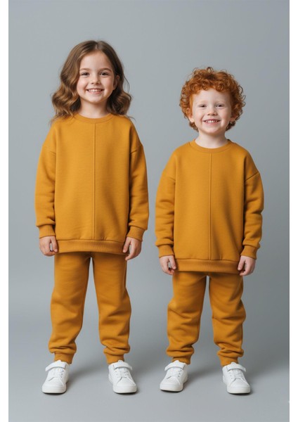 Unisex Çocuk Dikiş Detaylı 3 Iplik Hardal Alt Üst Takım