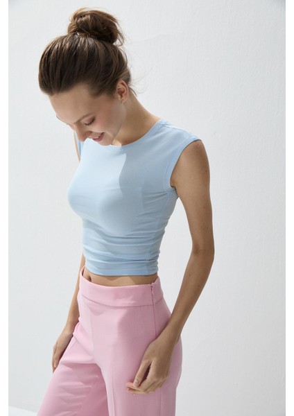 Kadın Mavi Renk Kısa Kollu Basic T-Shirt