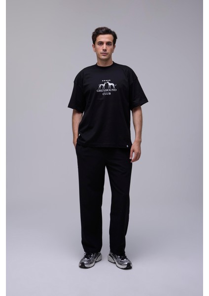 Siyah Oversize Greyhound Club Baskılı Tişört