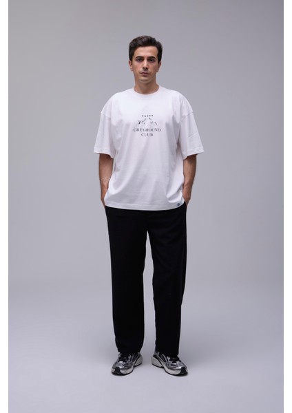 Kırık Beyaz Oversize Greyhound Club Baskılı Tişört