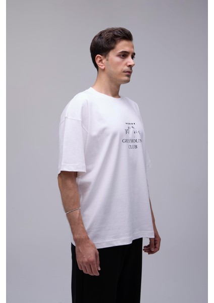 Kırık Beyaz Oversize Greyhound Club Baskılı Tişört modelleri