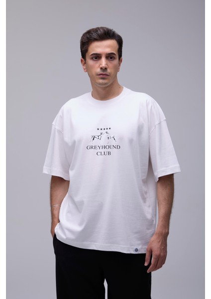 Kırık Beyaz Oversize Greyhound Club Baskılı Tişört fırsatları