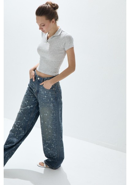 Kadın Kar Melanj Polo Yakalı Kısa Kollu T-Shirt