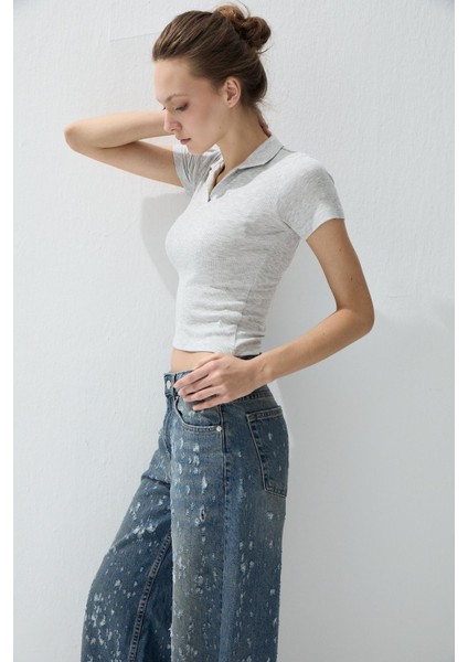 Kadın Kar Melanj Polo Yakalı Kısa Kollu T-Shirt fırsatları