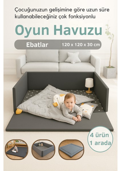 4 In 1 Bebek ve Çocuk Güvenli Oyun Alanı & Oyun Parkı, Oyun Minderi, Bebek Yatağı 120 x 120 cm