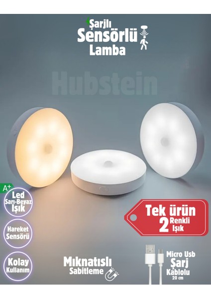 2 Renkli Hareket Sensörlü Usb Şarj Edilebilir Led Işık Dolap Içi Gece Lambası