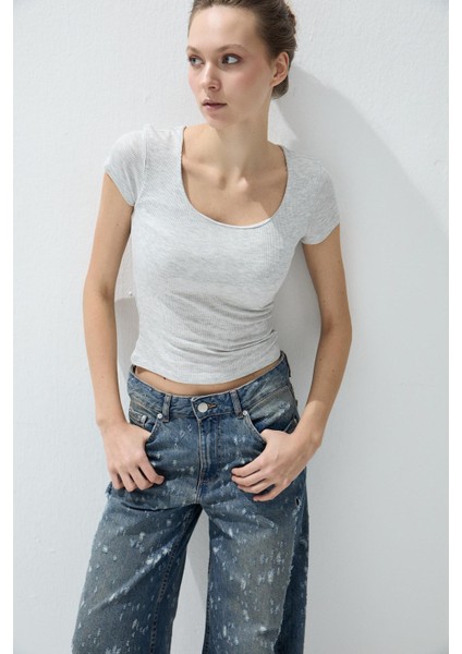 Kadın Kar Melanj Kare Yakalı Kısa Kollu T-Shirt modelleri