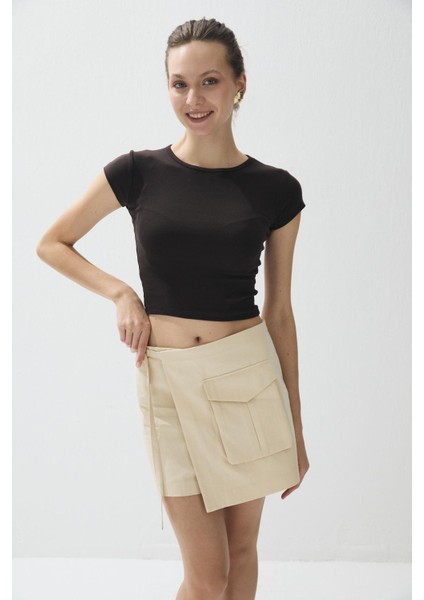 Kadın Kahve Renk Kısa Kollu Crop T-Shirt
