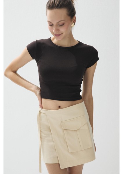 Kadın Kahve Renk Kısa Kollu Crop T-Shirt fiyatları