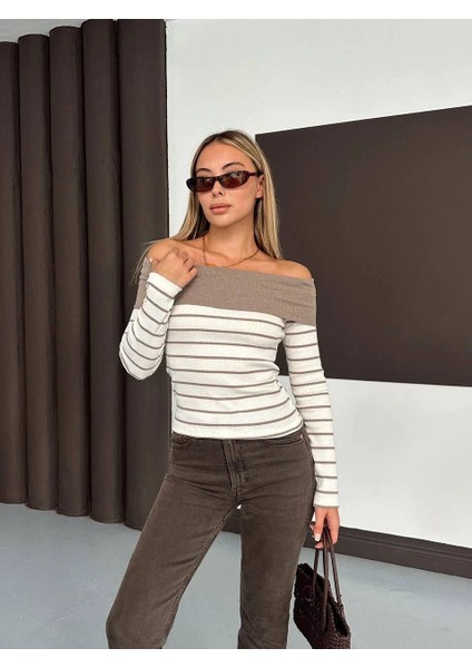 Çizgili Madonna Yaka Kaşkorse Bluz Bej A844 fiyatları