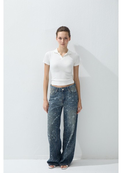 Kadın Ekru Renk Polo Yakalı Kısa Kollu T-Shirt