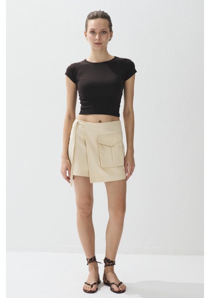 Kadın Kahve Renk Kısa Kollu Crop T-Shirt fırsatları